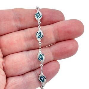 Vintage Sterling Silver 925 Blue Glass Evil Eye Bracelet 7.5"